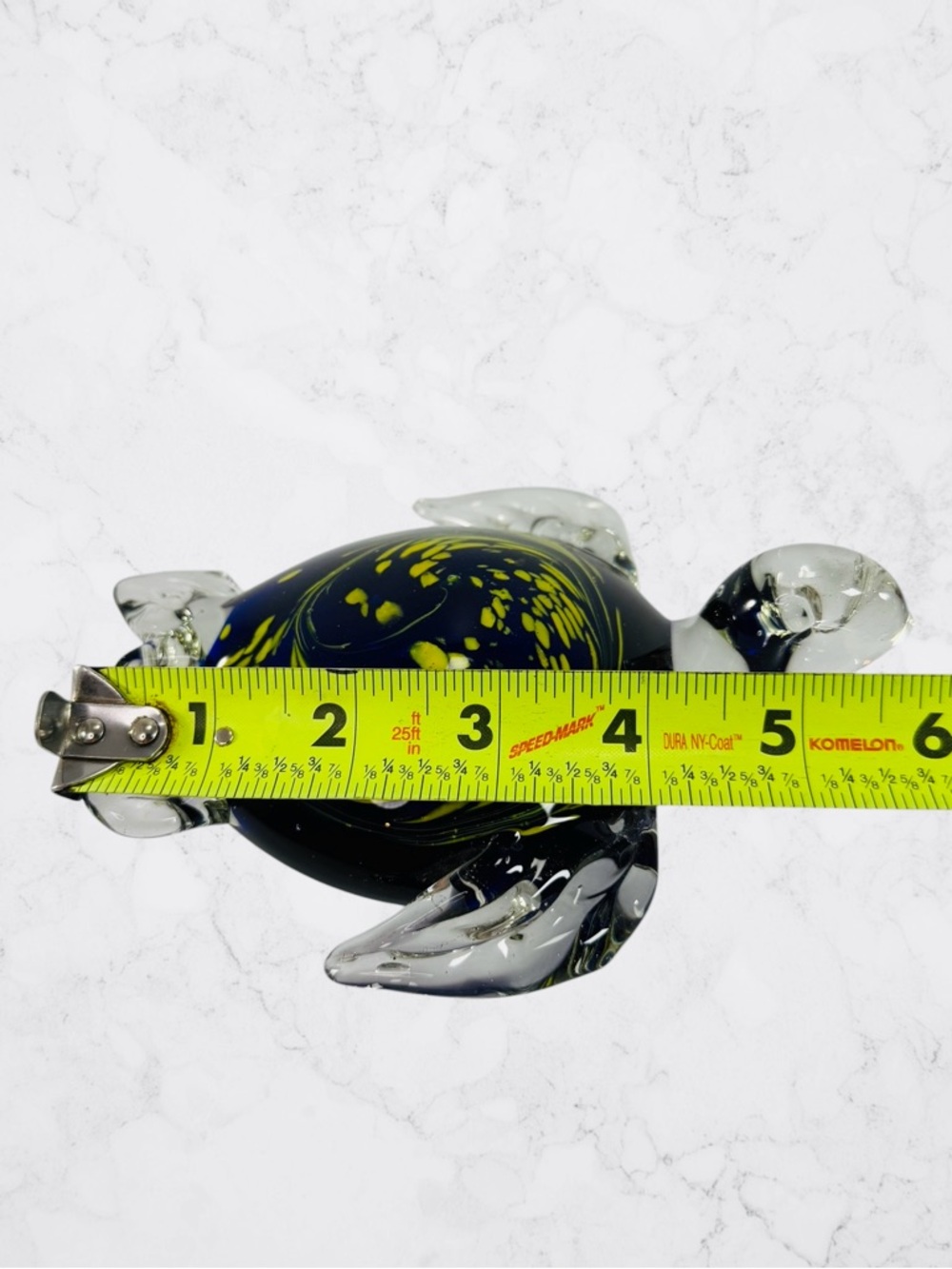 Blown Art Glass Sea Turtle Ocean Sea Cobalt Blue Yellow Clear Large Paperweight - Picture 7 of 8